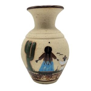 Mexican Folk Art Ceramic Vase Tonala Pottery Hand Painted Woman Child Cactus 5"